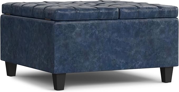 SIMPLIHOME Harrison Small Coffee Table Storage Ottoman - 30 inch Wide Upholstered Vegan Leather Square Lift-Top Ottoman in Denim Blue, Transitional Ottoman for Living Room with Hidden Storage