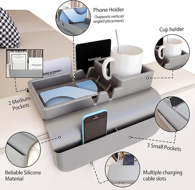 Couch Arm Cup Holder - Silicone Sofa Armrest Tray with 5 Side Pockets, Anti-Slip Armrest Recliner Armchair Caddy, Sofa Table Organizer for Drinks Tablet Remote Snacks Cellphone Cup (Grey)