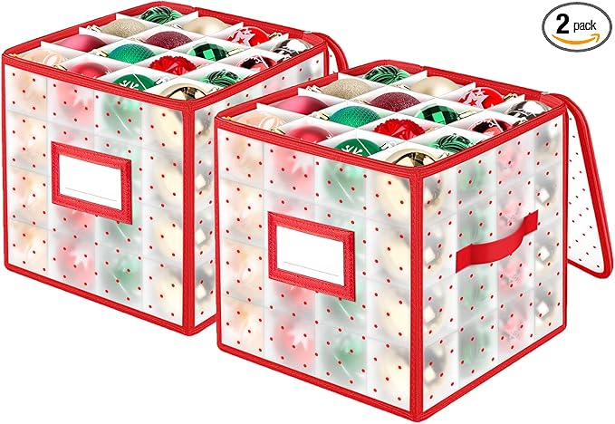 BlessedSeason Christmas Ornament Storage Box With Adjustable Dividers, Store up to 64 of 3-inch or 36 4-inch Christmas Ornaments, Xmas Ornaments Storage with Zippered Closure & Two Handles, 2 Pcs