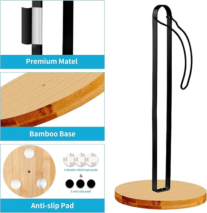 Wood Paper Towel Holder Countertop, TONLEA Kitchen Paper Towel Holder FreeStanding with Fixer for Kitchen and Bathroom Organization, Kitchen Roll Holder for Standard and Large Rolls