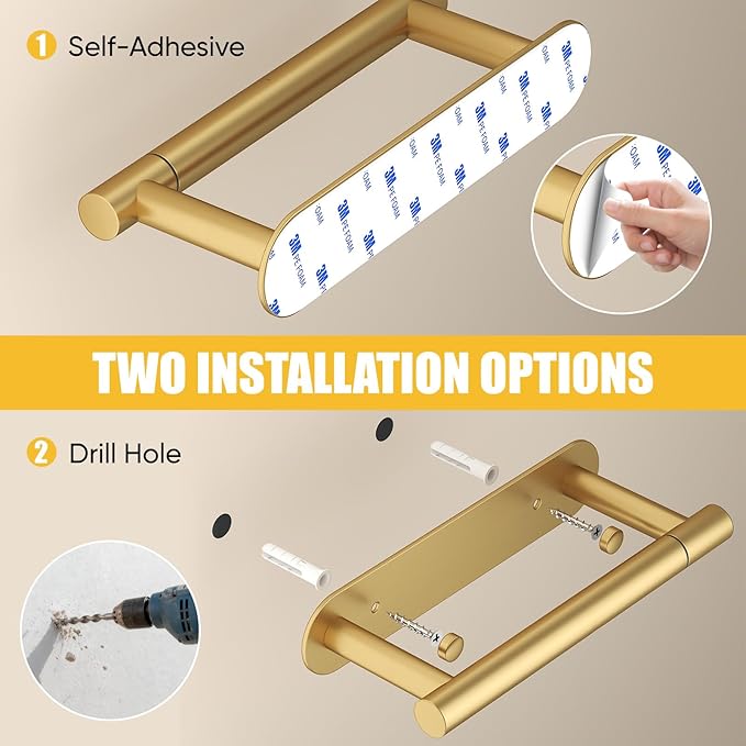 BESy Adhesive or Screw Toilet Paper Holder Wall Mount Rustproof Modern Roll Holder Flexible Pivoting Adjustable Tissue Handle with Self Adhesive or Mounted with Screws Stainless Steel Brushed Gold