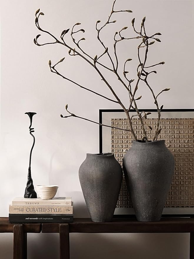 Ceramic Vase - Large 13.6 Inch Tall Floor Vase for Centerpieces, Farmhouse Flower Vases, Rustic Minimalist Home Decor for Living Room, Enterway, Wedding (Sandstone Dark Gray)