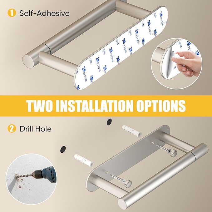 BESy Adhesive or Screw Toilet Paper Holder Wall Mount Rustproof Modern Roll Holder Flexible Pivoting Adjustable Tissue Handle with Self Adhesive or Mounted with Screws Stainless Steel Brushed Nickel