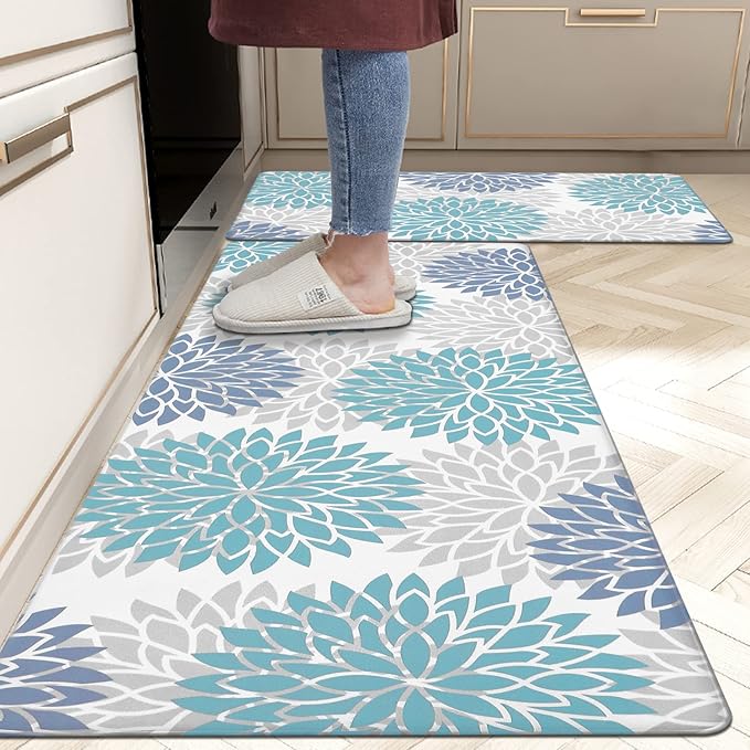 HEBE Anti Fatigue Kitchen Rugs Sets of 2, Non Slip Kitchen Mats for Floor, Waterproof Cushioned Comfort Standing Carpet for Kitchen Sink, Home Office, Laundry Room, Teal
