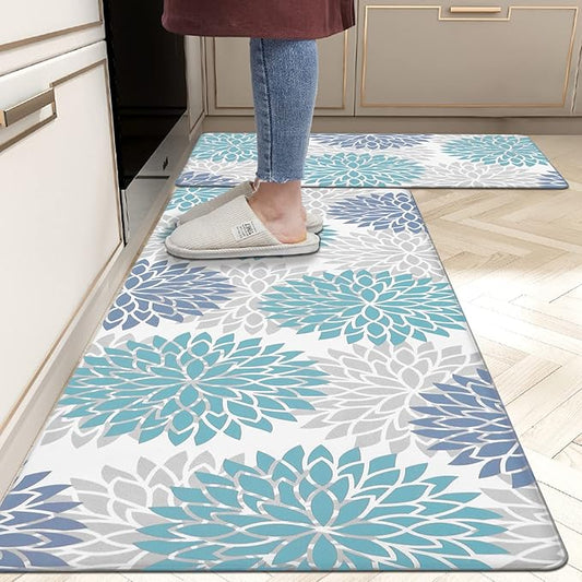 HEBE Anti Fatigue Kitchen Rugs Sets of 2, Non Slip Kitchen Mats for Floor, Waterproof Cushioned Comfort Standing Carpet for Kitchen Sink, Home Office, Laundry Room, Teal