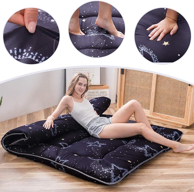 MAXYOYO Japanese Futon Mattress Floor Mattress Sleeping Pad Foldable Mat Roll Up Camping Cushion Floor Lounger Couches and Sofas Couch Topper, Moon and Star, Queen Size