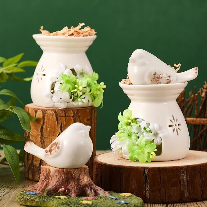 2 Set Birdhouse Ceramic Table Decor Ceramic Birds Figurines Centerpieces with Bird and Flower Ornament Rustic Farmhouse Spring Summer Decor for Shelf Mantel Desk Decoration Housewarming Gift