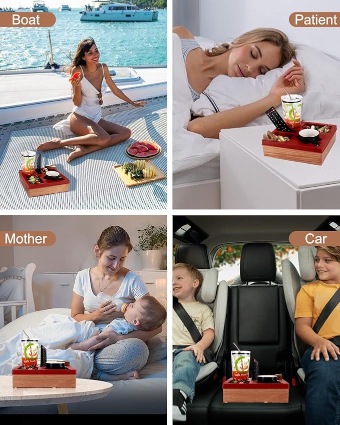 Couch Cup Holder Tray, Silicone Wooden Couch Caddy with Cup Holder for Snacks, Drinks, Remotes, Waterproof Cup Holder for Couch, Organizer, Couch Drink Holder, Easter Gifts (red)