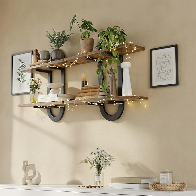 Arched Floating Shelves Set of 2, 15" Vintage Distressed Wall Mounted Shelves with Capsule Frame, Rustic Burnt Wood Hanging Shelves for Bathroom, Living Room, Kitchen, Brown