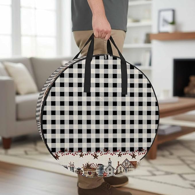 Storage Bag Barn Star Farmhouse Round Storage Totes Bins Closet Organizers with Zippers & Handle Black Buffalo Plaid Clothes Storage Container for Bedroom Dorm Space Saving Packing Supplies Bags