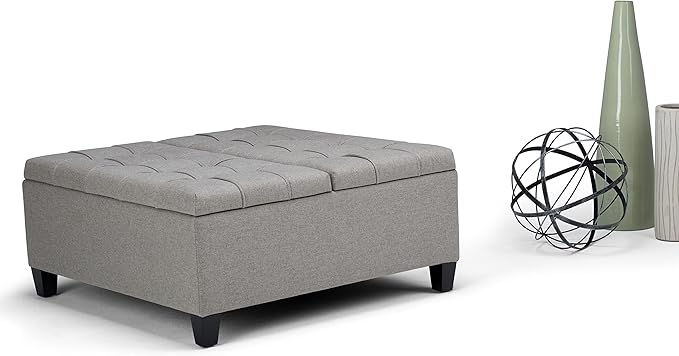 SIMPLIHOME Harrison Coffee Table Storage Ottoman - 36 inch Wide Upholstered Linen Look Fabric Square Lift-Top Ottoman in Dove Grey, Transitional Ottoman for Living Room with Hidden Storage