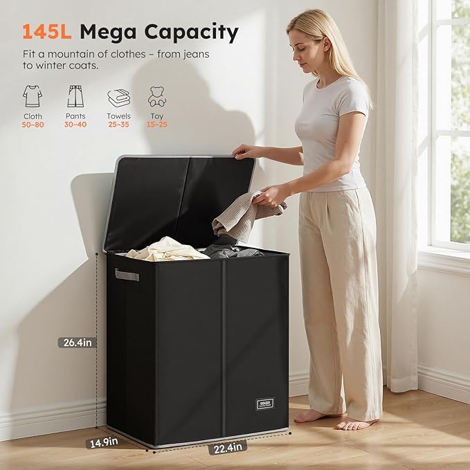 SOLEDI Double Laundry Hamper with Lid and Removable Laundry Bags - Large Dirty Clothes Hamper 2 Section - Collapsible Laundry Baskets for Bedroom, Bathroom, Laundry room, Apartment, Black