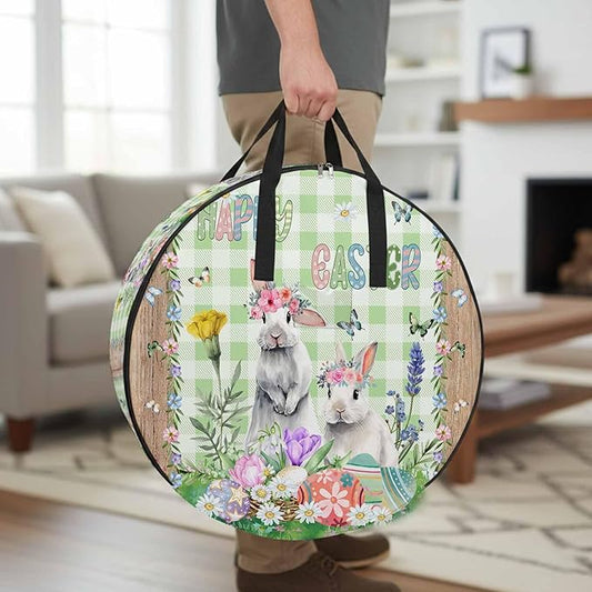 30 Inch Round Storage Bag 1 Pack,Easter Bunny with Colored Eggs in Basket Waterproof Wreath Storage Container with Handles&Zipper Farm Vines on Wood Plank Closet Organizer Bags Garland Box