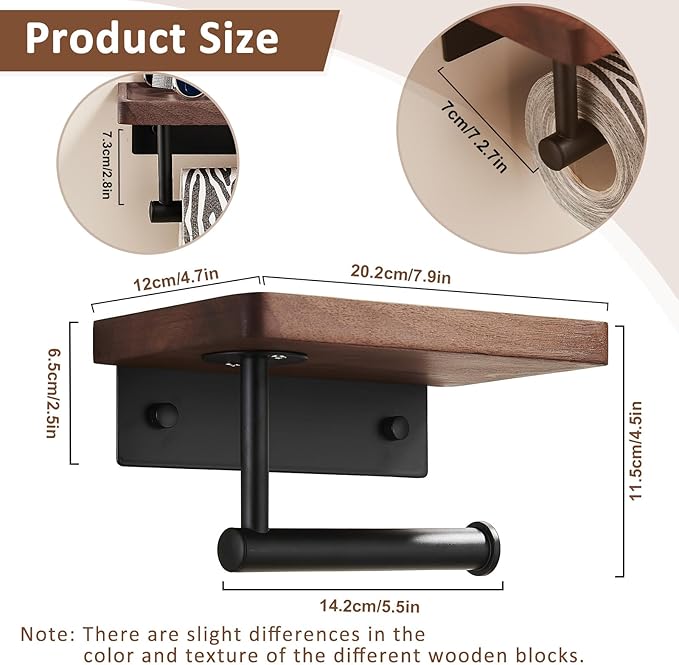 Toilet Paper Holder with Walnut Wood Shelf, Adhesive & Wall Mounted Toilet Paper Roll Holder, Black Stainless Steel Rustproof Toilet Paper Holder for Bathroom, Washroom, RV, Kitchen