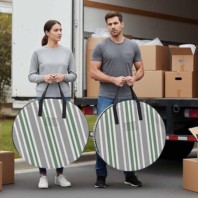 Storage Bag Sage Green Stripes Round Storage Totes Bins Closet Organizers with Zippers & Handle Grey Striped Lines Clothes Storage Container for Bedroom Dorm Space Saving Packing Supplies Moving Bags