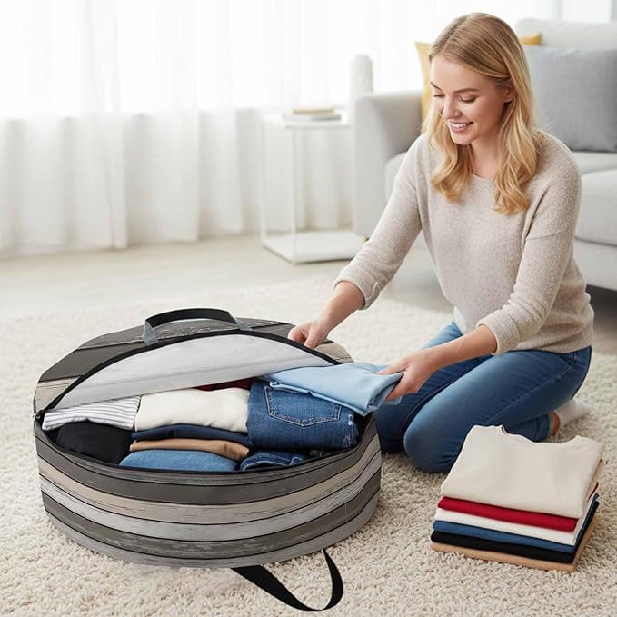 Retro Dark Grey Stripe Round Storage Bag 24 Inch, Peeling Paint Effect Texture Clothes Storage Container with Handles Heavy Duty Organizer for Comforter, Bedding & Holiday Wreaths