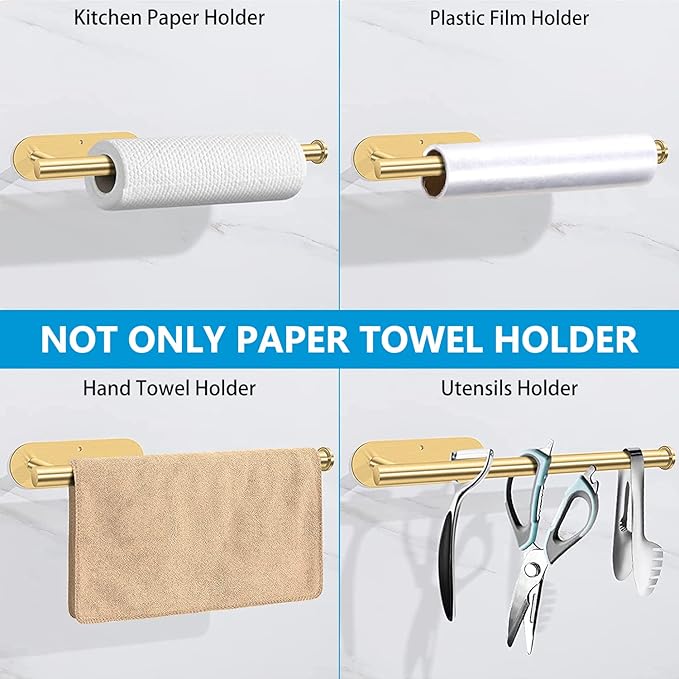 Gold Paper Towel Holder Under Cabinet, Adhesive Paper Towel Roll Holder Stick on Wall, Stainless Steel Towel Paper Holder for Bathroom Kitchen