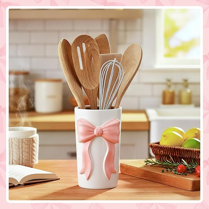 LemonRoad Pink Bow Ceramic Utensil Holder 3D Coquette Handmade Pink Kitchen Decor Mothers Day Kitchen Gifts Cooking Utensil Crock with Scalloped Preppy Caddy Pen Holder Vase for Countertop Spoon