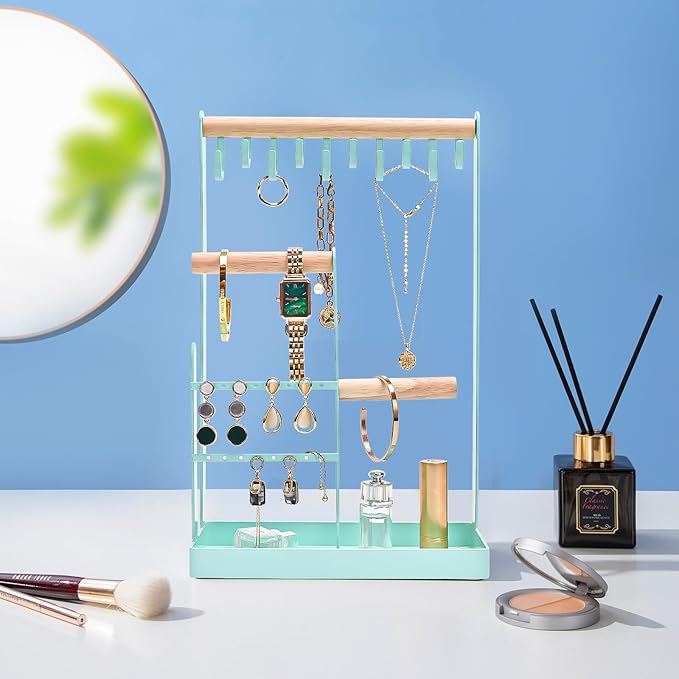 ProCase Jewelry Stand Holder Organizer, 4-Tier Necklace Holder with Ring Tray, 10 Hooks Necklaces Hanging Small Jewelry Display Storage Tower Tree for Bracelets Earrings Watches -Medium, Aqua