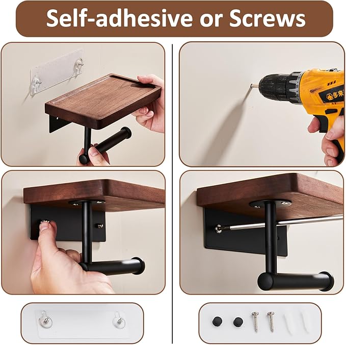 Toilet Paper Holder with Walnut Wood Shelf, Adhesive & Wall Mounted Toilet Paper Roll Holder, Black Stainless Steel Rustproof Toilet Paper Holder for Bathroom, Washroom, RV, Kitchen