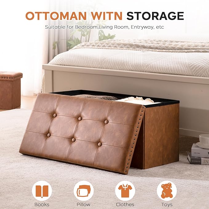 oakvivo 30 Inches Folding Storage Ottoman Bench, Ottoman PU Leather Tuffed End of Bed Bench, Foot Rest with Rivet Design, Ottoman with Storage, Load 330 lb, for Living Room, Bedroom, Entryway, Brown