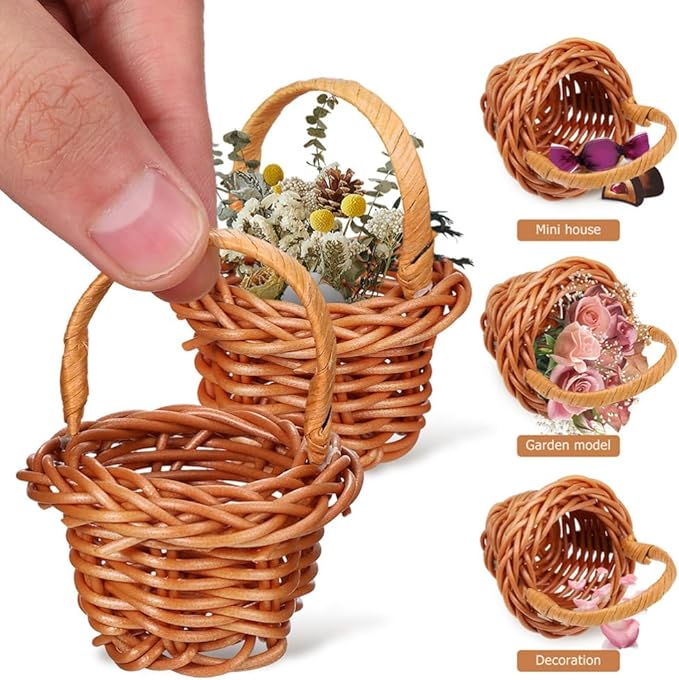 Cabilock 12pcs Mini Woven Basket with Handles Miniature Storage Basket Farmhouse Desktop Decorative Accessories for Wedding Party Favors Tree Hanging Ornaments Crafts, Chocolate
