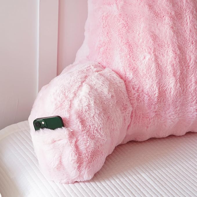 Yaoshuho Faux Fur Reading Pillow for Sitting in Bed, Large Backrest Bed Pillow with Arms, Back Support Pillow for Lounging Bedrest, Pink