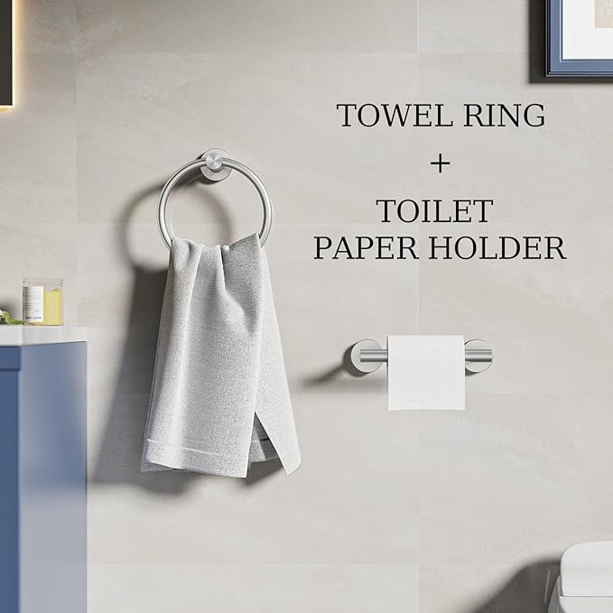 Toilet Paper Holder & Towel Holder, Bathroom Hardware Set-SUS304 Stainless Steel Double Post Pivoting Tissue Roll Holder and Hand Towel Ring Set for Bathroom, RV, Brushed Nickel