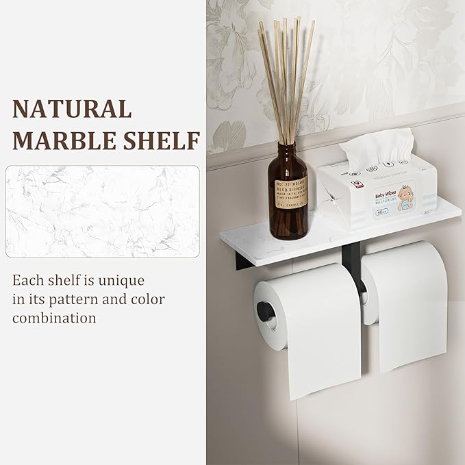 BWE Double Toilet Paper Holder with Shelf, Wall Mounted Tissue Roll Holder for Bathroom, Commercial Toilet Paper Dispenser, Marble Toilet Paper Storage Holder with Phone Shelf (Matte Black)