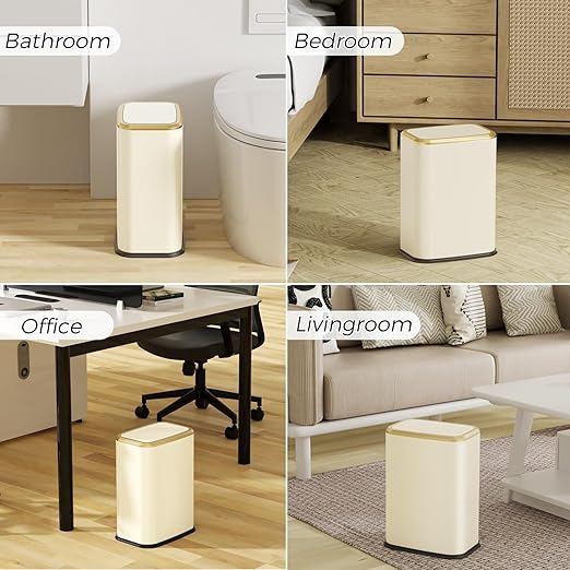 Bathroom Trash Can with Lid 8L/2.1 Gallon Beige Trash Can Small Garbage Can with Swing Top Lid Slim Stainless Steel Garbage Can with 100 Counts Trash Bags for Bathroom Bedroom Kitchen Office Toilet