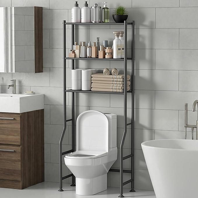Livilord 3-Tier Over The Toilet Storage Rack, Space Saver Metal Bathroom Shelves, Freestanding Over Toilet Bathroom Organizer for Bathroom/Living Room, Black