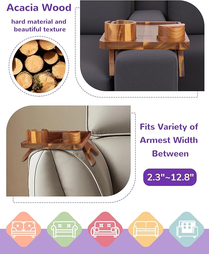 Couch Arm Tray Table with Cup Holder & Adjustable Phone Stand – Foldable Acacia Wood Sofa Arm Clip Table for Wide Couches, Recliners, and Living Room Use