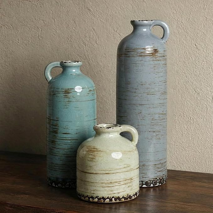 Morandi Ceramic Vase Set with Handle – 3pcs Rustic Pottery Jug Vases for Home Decor, Living Room, Table Centerpiece & Shelf Display – Glazed Vintage Ceramic Vases for Flowers