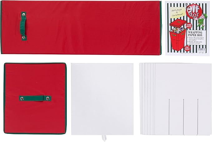 Wrapping Paper Storage Box- Holds 20 Rolls of 30” Gift Wrap-Upright Container with Lid, Dividers & Handles-Christmas & Birthday Wrap by Elf Stor (Red)