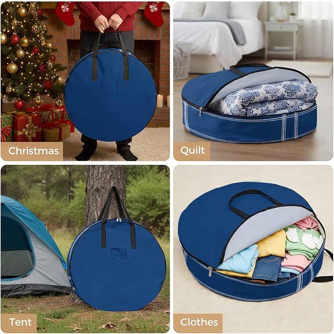 Solid Color Round Storage Bag 24 Inch, Navy Blue Clothes Storage Container with Handles Heavy Duty Organizer for Comforter, Bedding & Holiday Wreaths