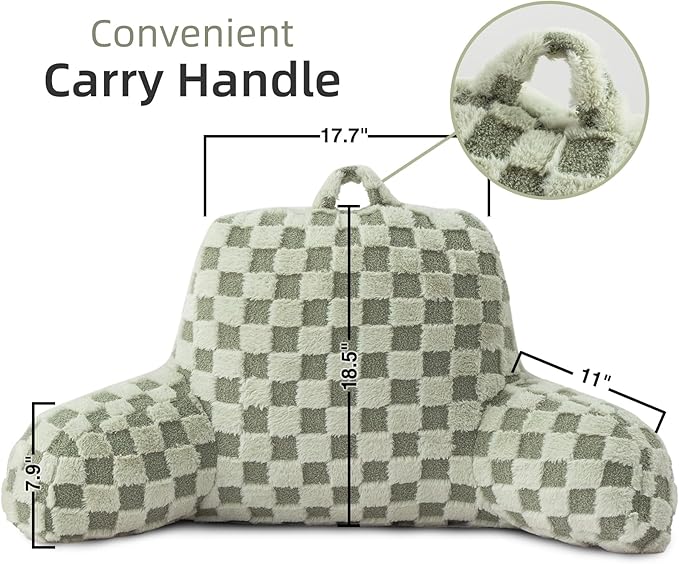 A Nice Night Faux Fur Reading Pillow,Checkered Fluffy Grid Plaid,Bed Wedge Pillow Large Adult Children Backrest with Arms for Bedrest,Green