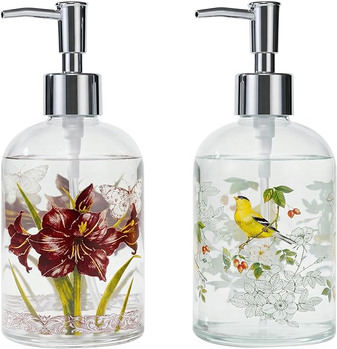 17oz Glass Soap and Lotion Dispenser Bottle with Rust Proof Plastic Pump Refillable Liquid Pump Bottle Great for Kitchen, Bath, Bathroom Accessories, Countertop, Set of 2