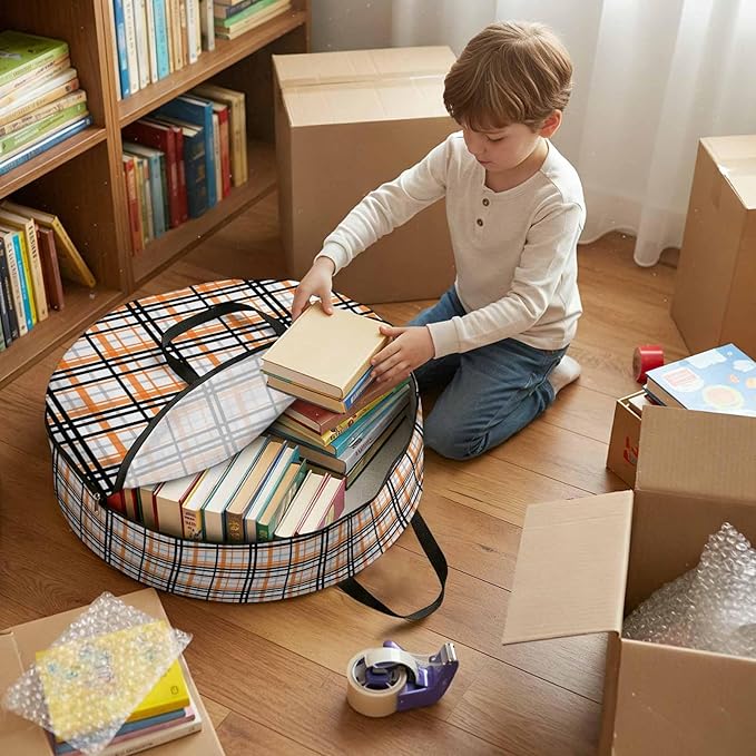 Storage Bag Orange Buffalo Plaid Round Storage Totes Bins Closet Organizers with Zippers & Handle Black Check Stripe Clothes Storage Container for Bedroom Dorm Space Saving Packing Supplies Bags