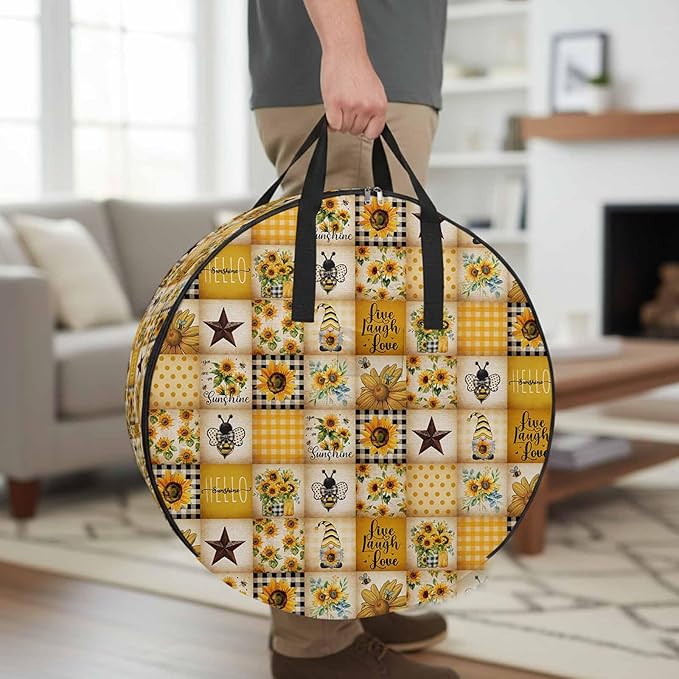 Farmhouse Round Storage Bag 36 Inch, Sunflower Gnome Bee Star Yellow Buffalo Plaid Patchwork Clothes Storage Container with Handles Heavy Duty Organizer for Comforter, Bedding & Holiday Wreaths