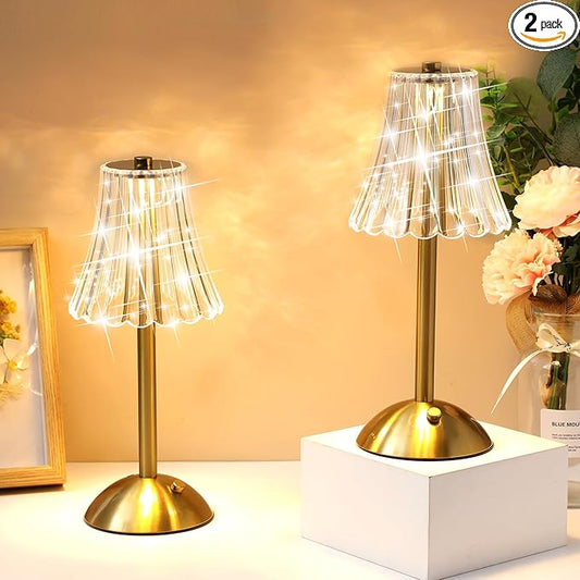 Liliful 2 Pcs LED Portable Cordless Table Lamp Touch Battery Operated Rechargeable Gold Desk Lamp 3 Color Dimmable for Bedroom Living Room Dining (Gold,Rose Style)