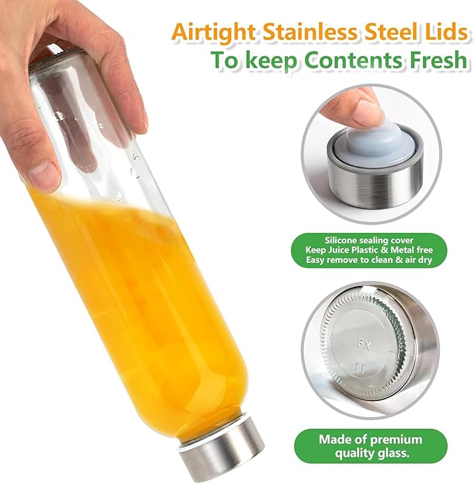 Zukro Glass Water Bottles with Lids 24 oz, 3 Pack Reusable Juice Bottles With Stainless Steel Airtight Cap for Juicing, Leak Proof Clear Drinking Jar Beverage storage container for Fridge, BPA Free