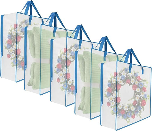 5 Pack Moving Bags, Wreath Storage Bag, Garland Container, Clear Storage Bags with Handles and Zippers Moving Bag for College Carrying, Bedding, Toys Organizer, Under the Bed Storage