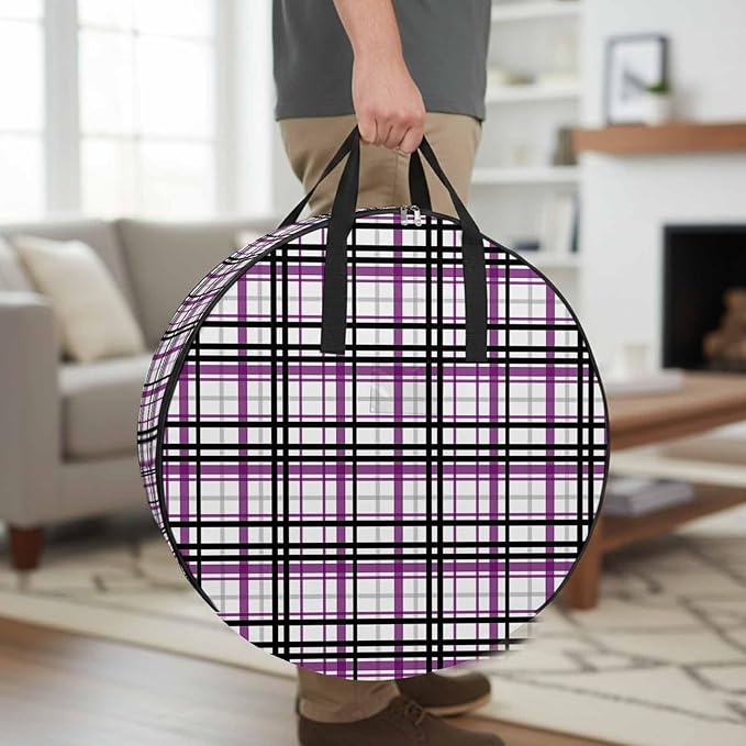 Storage Bag Purple Black Buffalo Plaid Round Storage Totes Bins Closet Organizers with Zippers & Handle Check Stripe Clothes Storage Container for Bedroom Dorm Space Saving Packing Supplies Bags