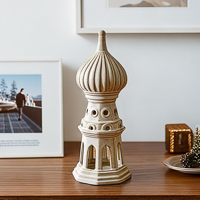 Ceramic Home Decoration 11.02 Inch Tall Onion Dome Tower for Living Room Bedroom Office Modern Farmhouse Antique Rustic Nordic Ornament Desktop Fireplace Centerpiece Decor