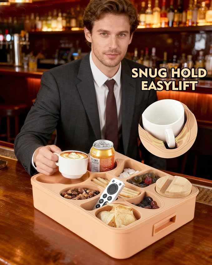 Couch Cup Holder Tray Dual Cup Silicone Organizer – Waterproof Anti-Slip Snack & Drink Tray for Sofa, Bed, Car & Camping, Dishwasher Safe Funny Gift