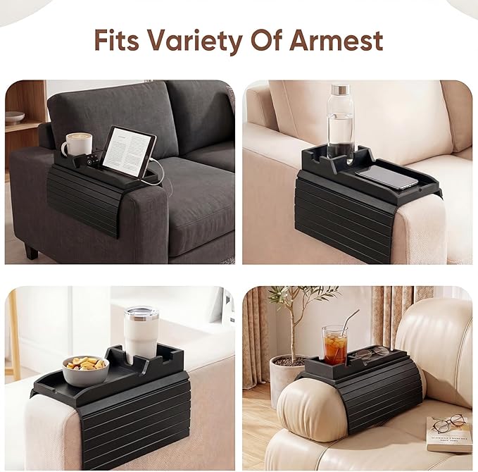 Bamboo Couch Arm Tray Table with Built-in Cup Holder, Foldable Anti-Slip Sofa Armrest Table for Drinks, Phone & Remote, Fits 4.7–16.9 in Armrests, Holds Cups up to 3.5 in Diameter (Black)