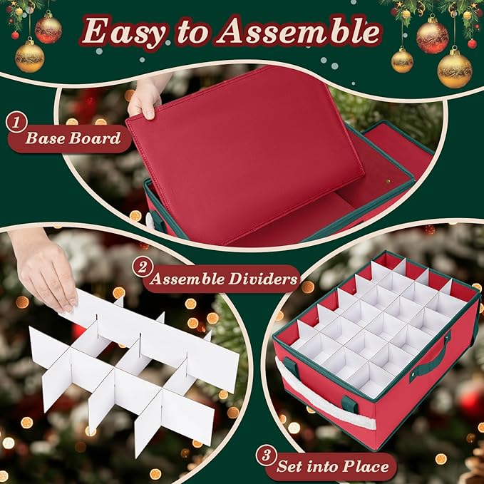 Christmas Ornament Storage Box with Adjustable Dividers Zippered Top Stores up to 72 Holiday Ornaments (3 Inch) Xmas Ball Decorations Organizer Storage Container Bin