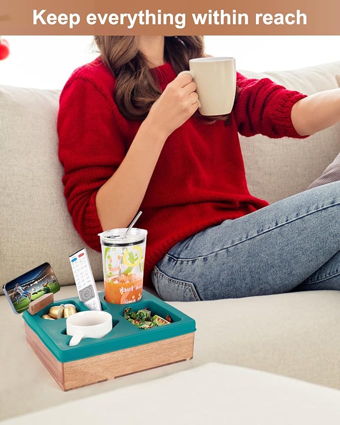Couch Cup Holder Tray, Silicone Wooden Couch Caddy with Cup Holder for Snacks, Drinks, Remotes, Waterproof Cup Holder for Couch, Organizer, Couch Drink Holder, Easter Gifts