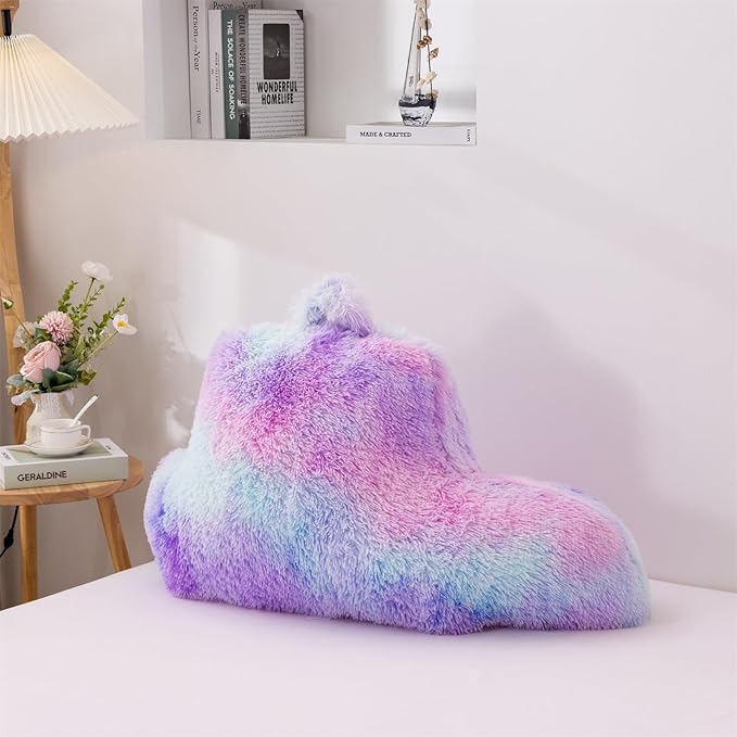 A Nice Night Faux Fur Reading Pillow Bed Wedge Children Backrest with Arms Back Support for Sitting Up in Bed/Couch,Tie Dye BluePurple,Standard