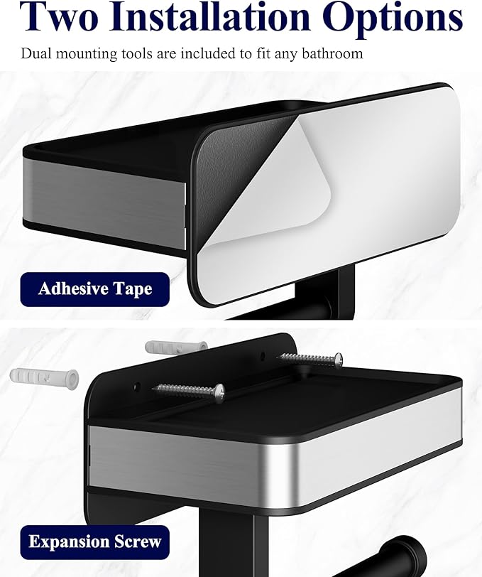 Kitsure Toilet Paper Holder with Shelf - Adhesive & Screw Wall Mount Toilet Paper Holder, Matte Black Design for Bathroom Decor, Space-Saving Toilet Paper Storage for Washroom, RV, Black, 6.9" W